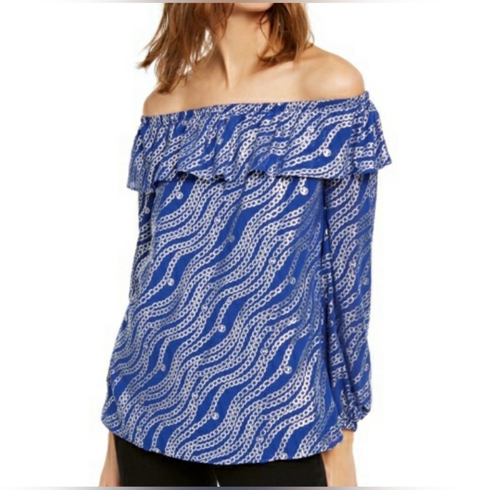 Michael Kors Royal Blue Off-Shoulder Ruffle Blouse with White Wave Print